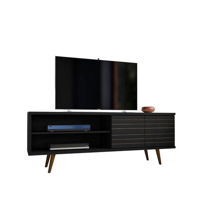 Liberty 62.99 Mid-Century Modern TV Stand Solid Wood Legs 3 Shelves 2 Doors Rustic Brown Image 1