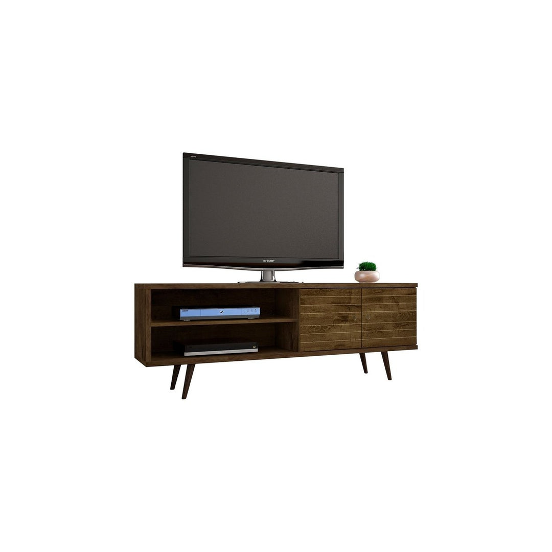 Liberty 62.99 Mid-Century Modern TV Stand Solid Wood Legs 3 Shelves 2 Doors Rustic Brown Image 1