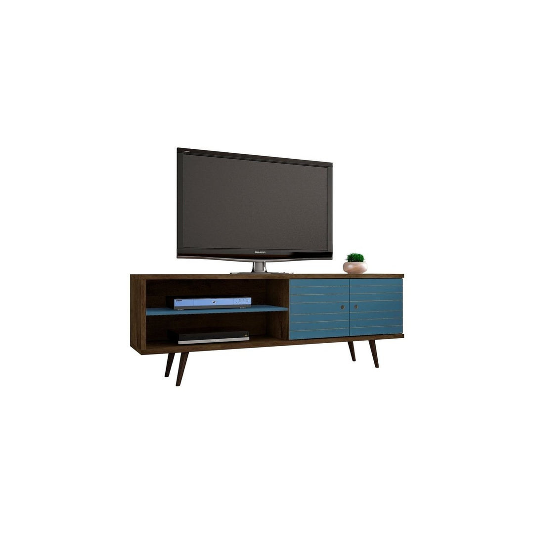 Liberty 62.99 Mid-Century Modern TV Stand Solid Wood Legs 3 Shelves 2 Doors Rustic Brown Image 1