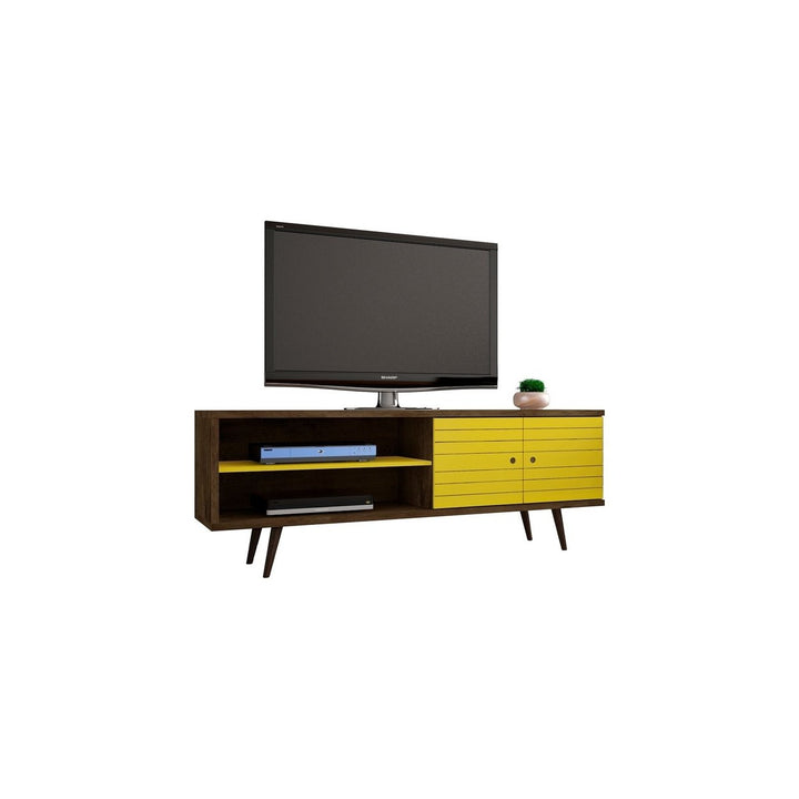 Liberty 62.99 Mid-Century Modern TV Stand Solid Wood Legs 3 Shelves 2 Doors Rustic Brown Image 1