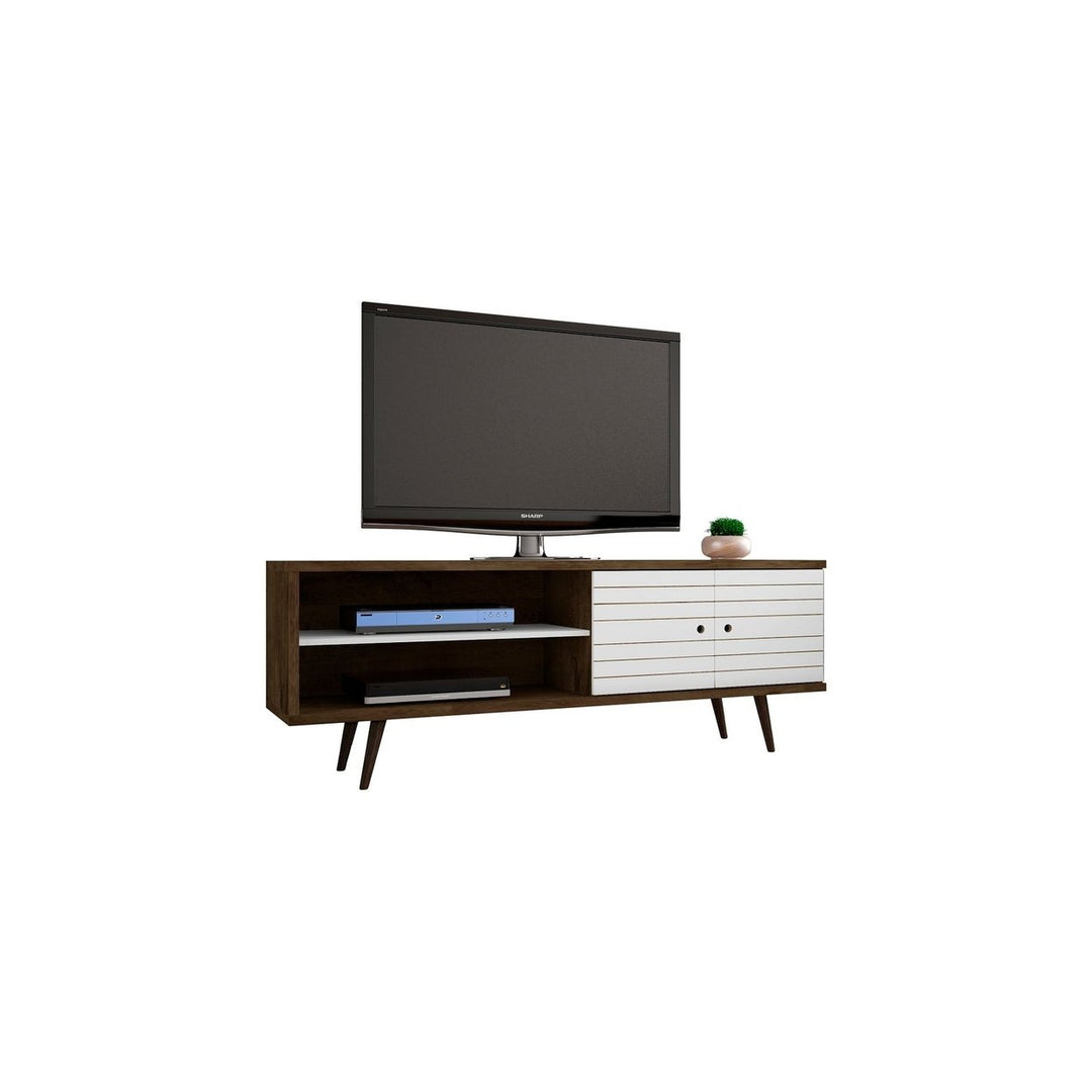 Liberty 62.99 Mid-Century Modern TV Stand Solid Wood Legs 3 Shelves 2 Doors Rustic Brown Image 1