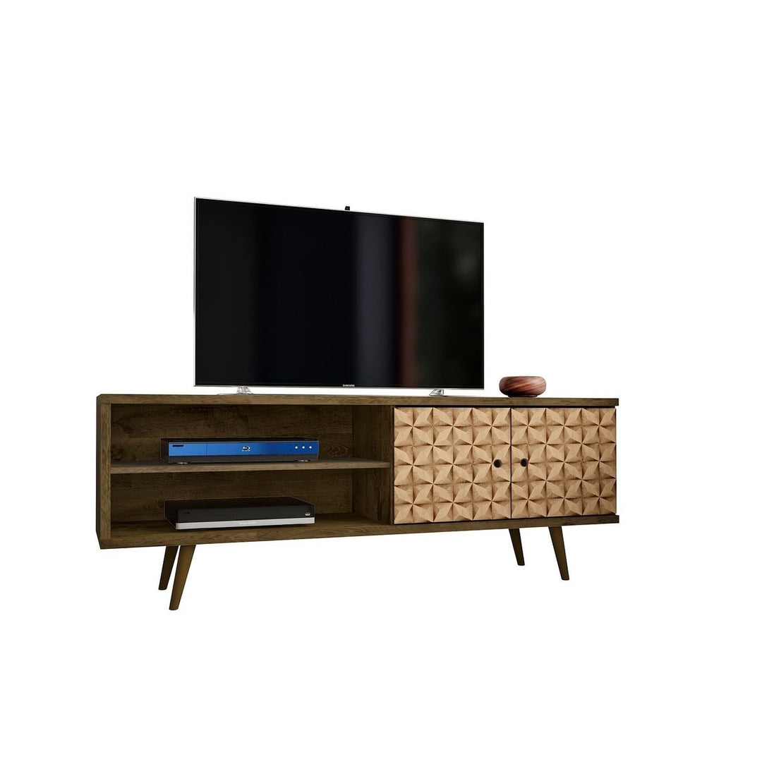 Liberty 62.99 Mid-Century Modern TV Stand Solid Wood Legs 3 Shelves 2 Doors Rustic Brown Image 1