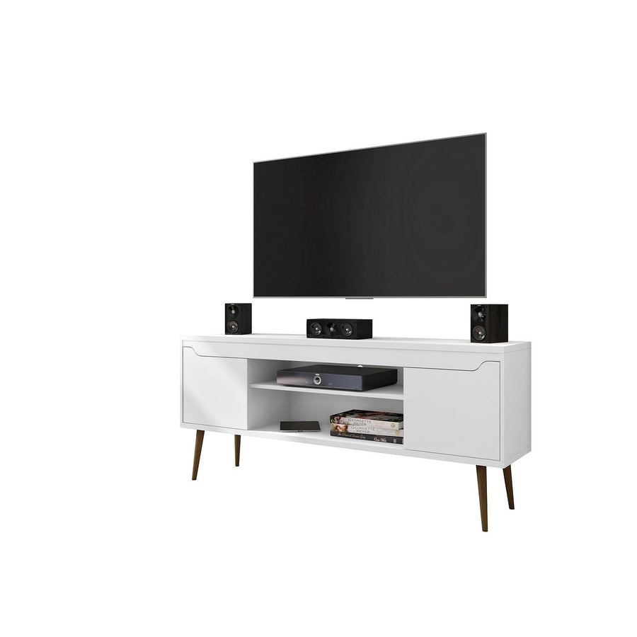 Bradley TV Stand White 62.99 Solid Wood Legs 2 Media Shelves 2 Storage Cubes Image 1