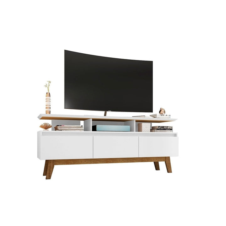 Yonkers 62.99 TV Stand Off White Cinnamon Solid Wood Legs 6 Storage Compartments Image 1