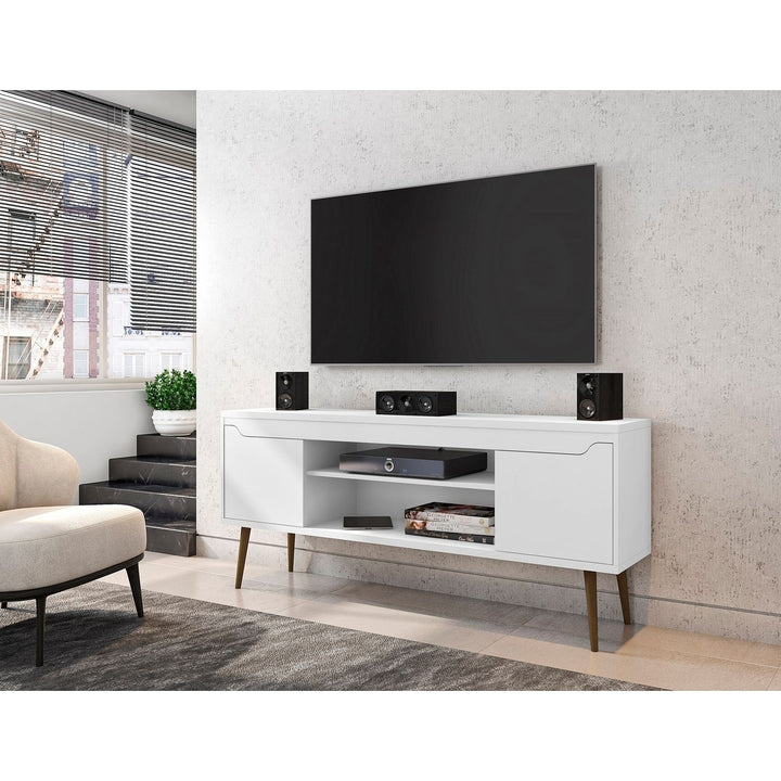 Bradley TV Stand White 62.99 Solid Wood Legs 2 Media Shelves 2 Storage Cubes Image 2