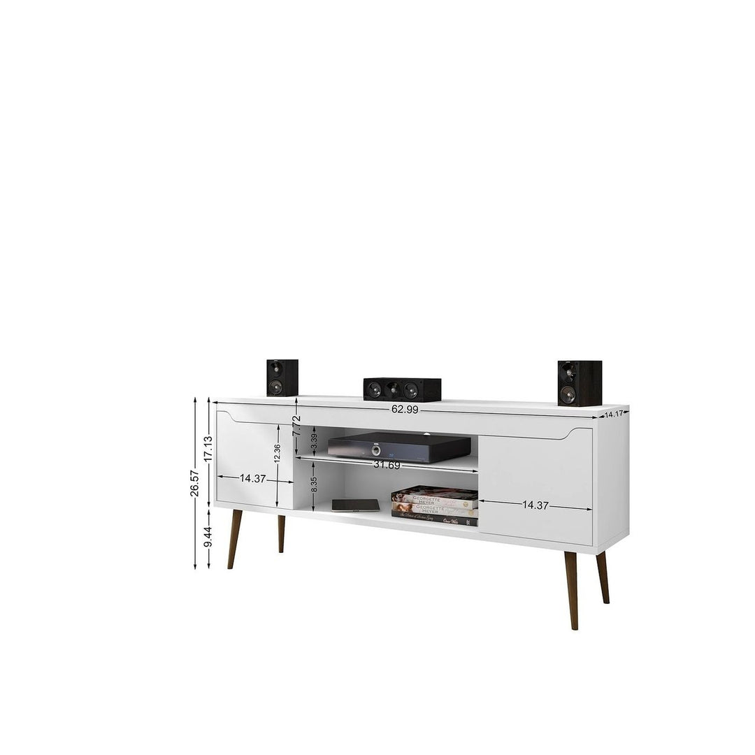 Bradley TV Stand White 62.99 Solid Wood Legs 2 Media Shelves 2 Storage Cubes Image 3