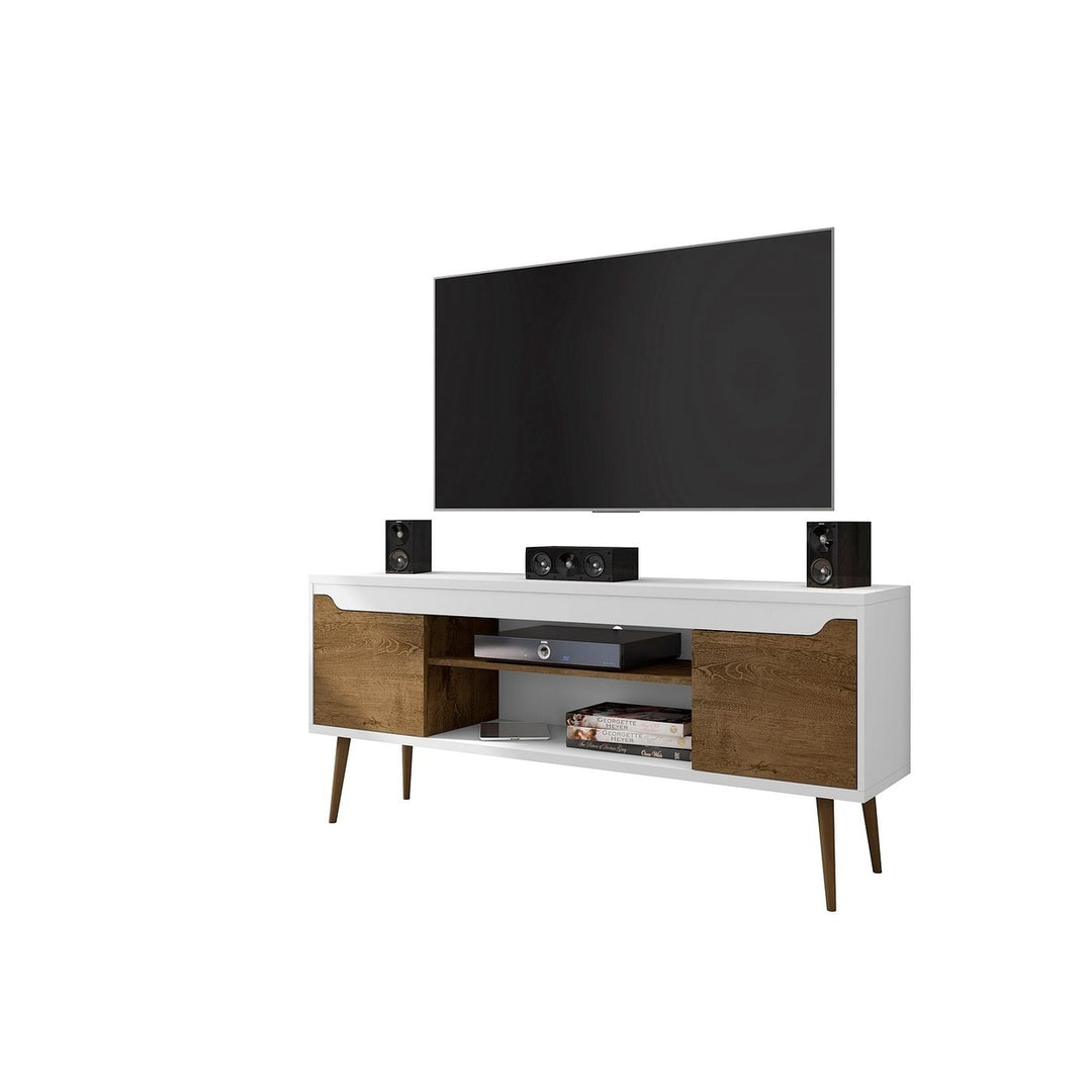 Bradley TV Stand White 62.99 Solid Wood Legs 2 Media Shelves 2 Storage Cubes Image 4