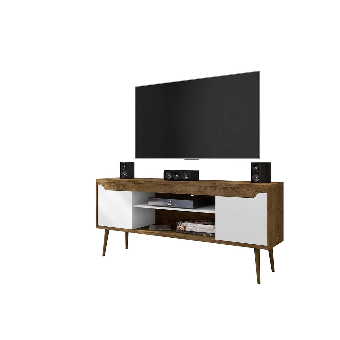 Bradley TV Stand White 62.99 Solid Wood Legs 2 Media Shelves 2 Storage Cubes Image 1