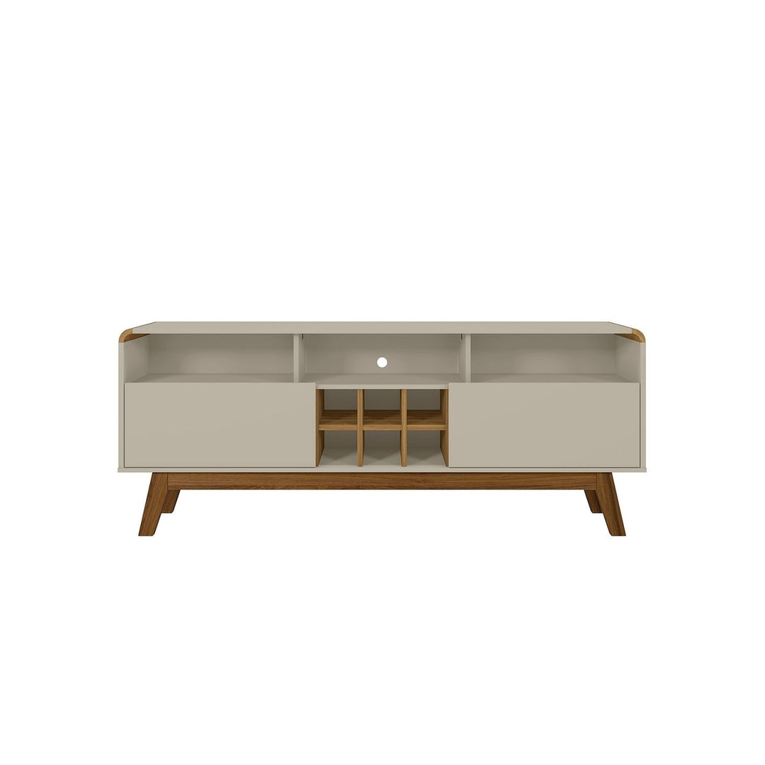 Camberly 62.99 TV Stand with 5 Shelves and Wine Storage in Off White and Cinnamon Image 1