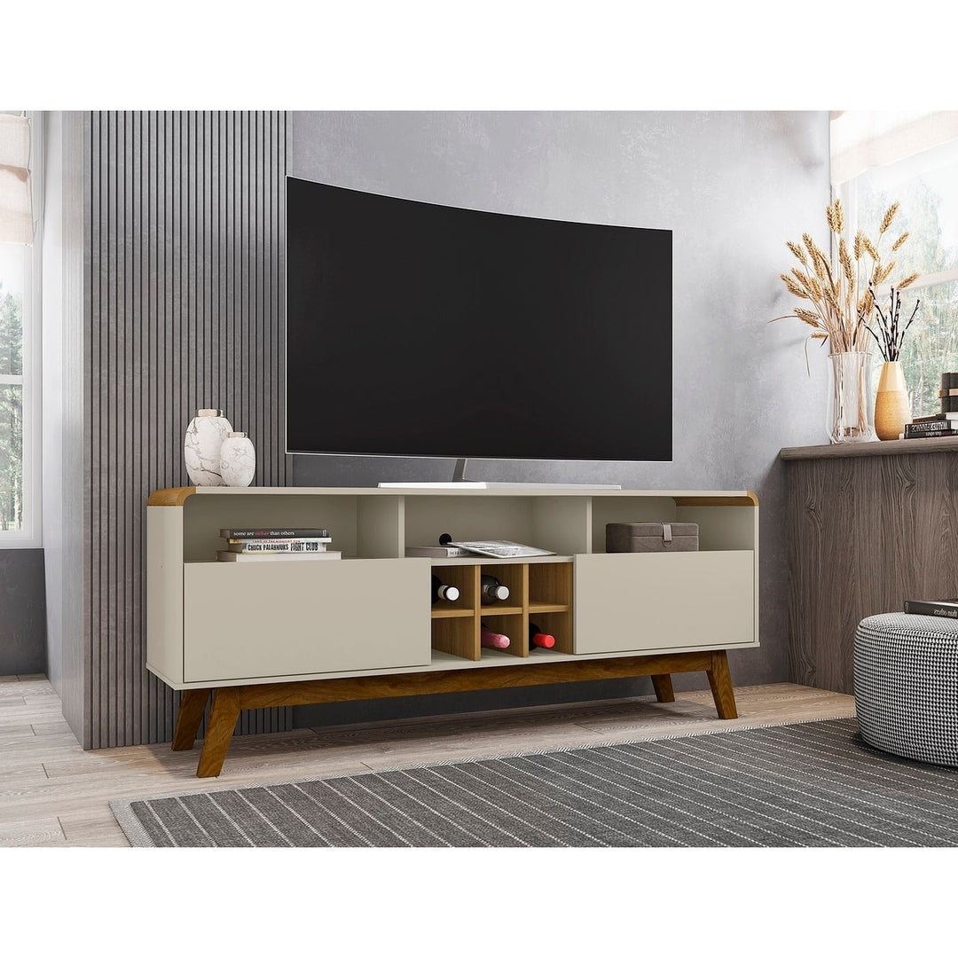 Camberly 62.99 TV Stand with 5 Shelves and Wine Storage in Off White and Cinnamon Image 2