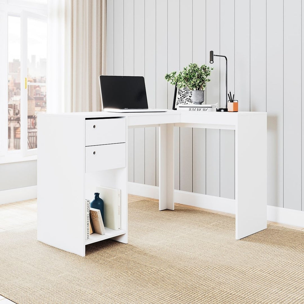 Palermo Classic L-Desk with 2 Drawers and 1 Cubby in White Image 2
