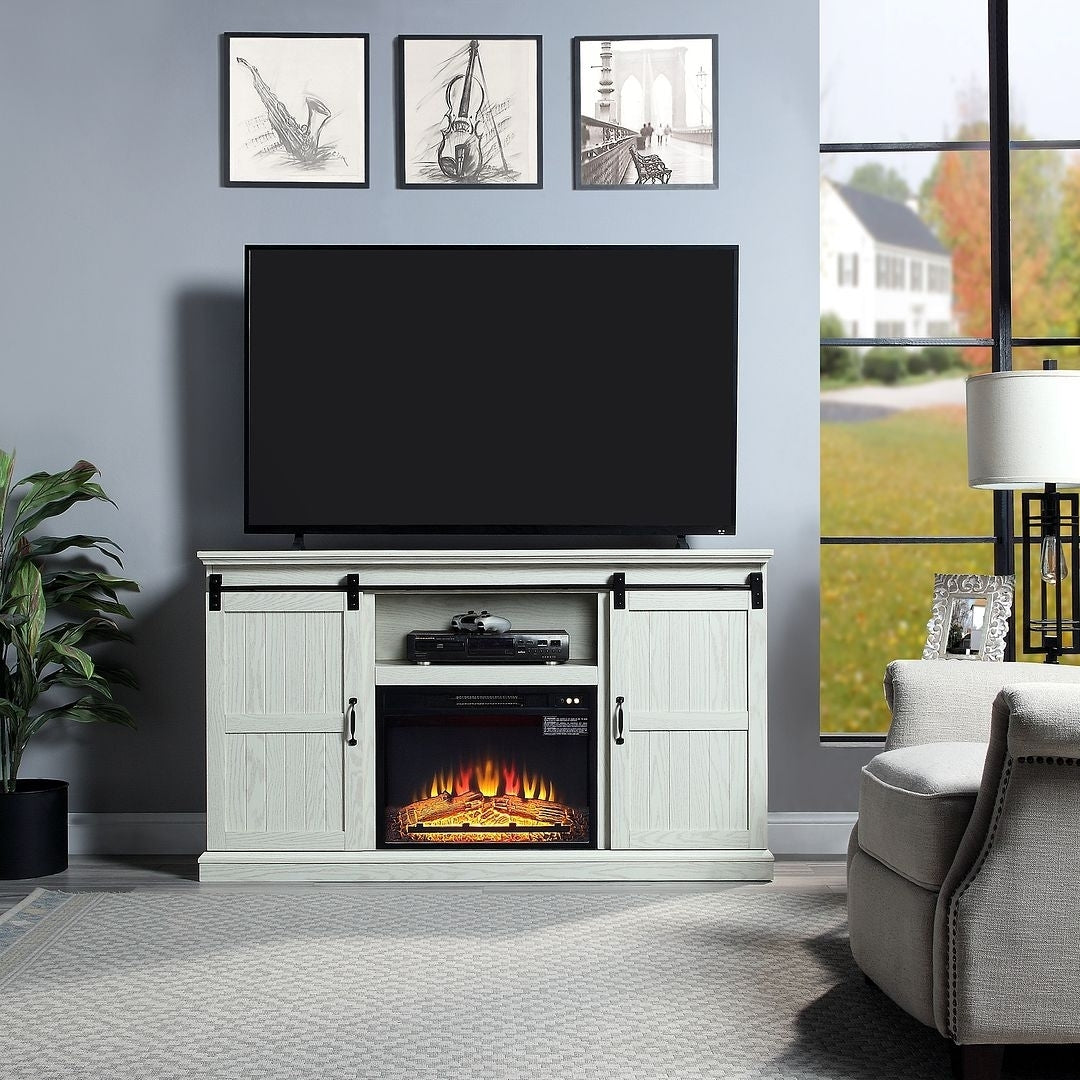 Myrtle 60 Inch Electric Fireplace TV Console Oak with Sliding Doors Media Storage Image 2