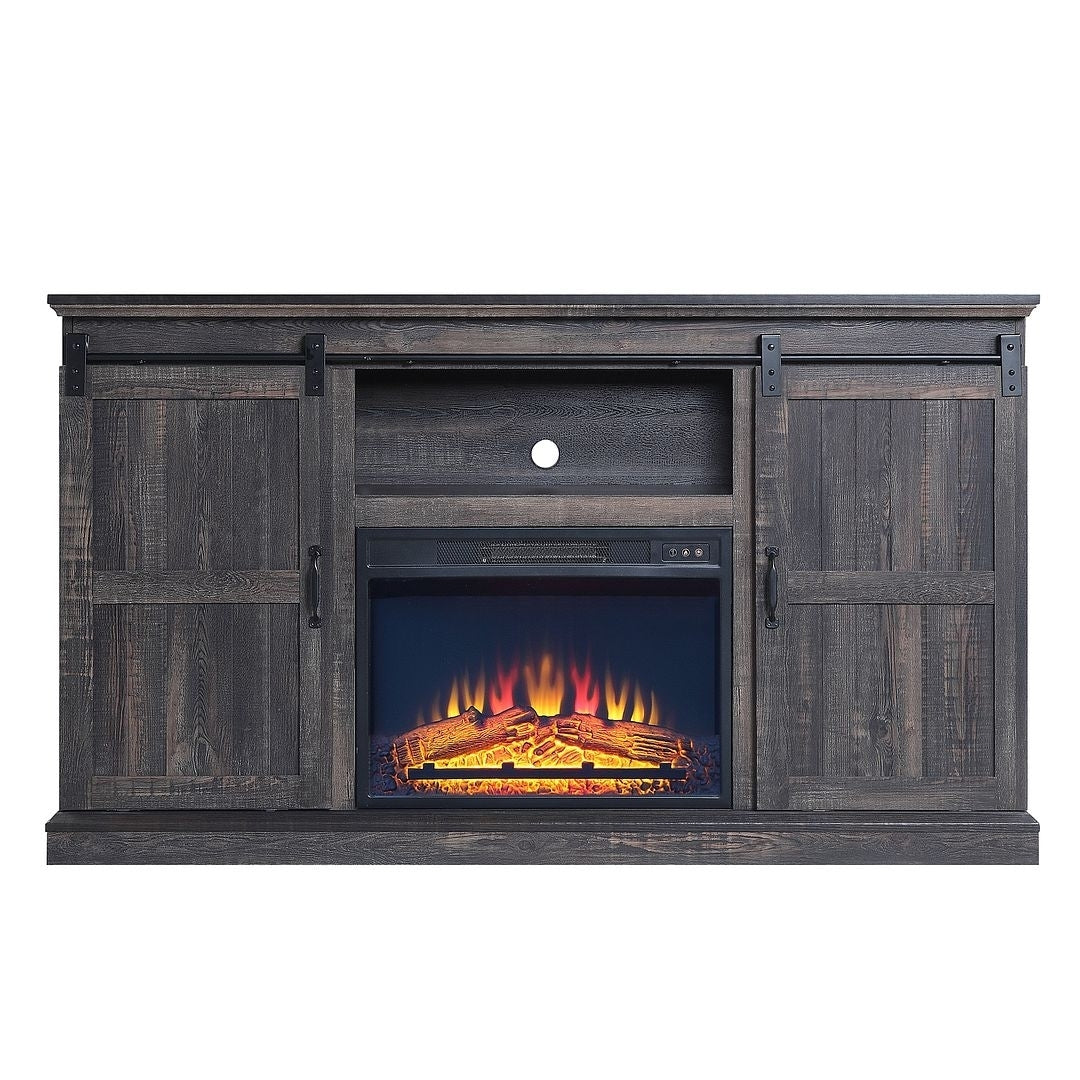 Myrtle 60 Inch Electric Fireplace TV Console Oak with Sliding Doors Media Storage Image 4