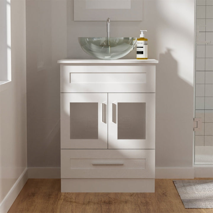 Exbrite 24 in.W x 19 in.D x 32.3 in.H White Wooden Minimalist Bathroom Cabinet Vanity with Mirrors,Single Floor Image 4