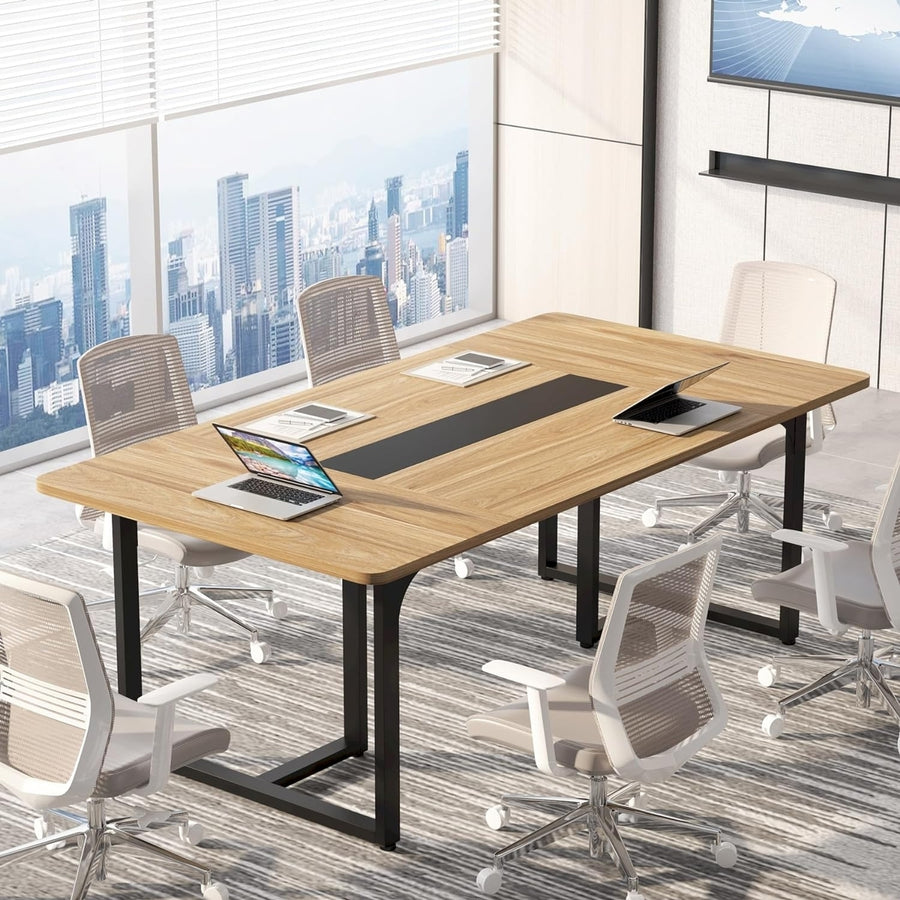 Rectangle Conference Table, Business Style Large Office Conference Room Table Boardroom Desk with Strong Metal Legs Image 1
