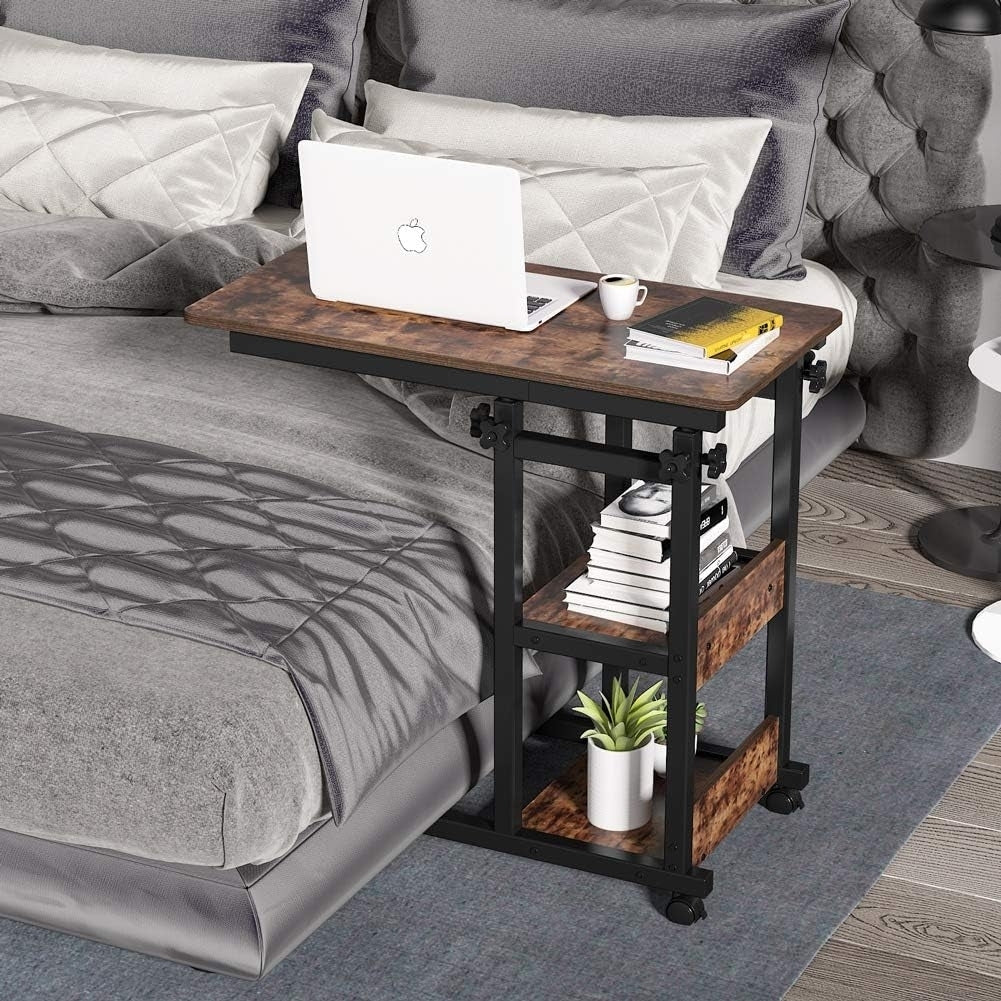 C Table with Storage Shelves and Wheels, Mobile Sofa Side Table End Table Snack Table Image 2