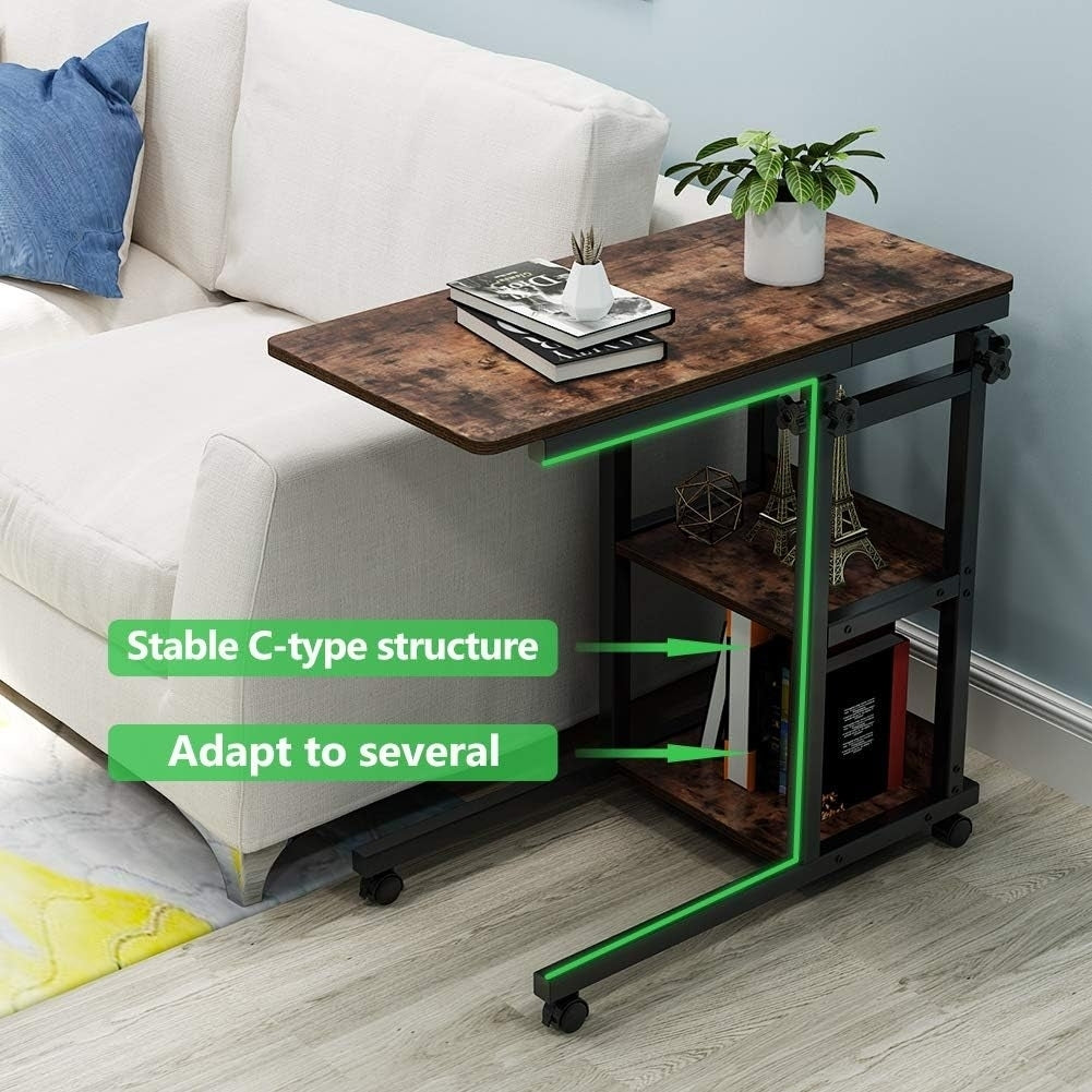 C Table with Storage Shelves and Wheels, Mobile Sofa Side Table End Table Snack Table Image 4