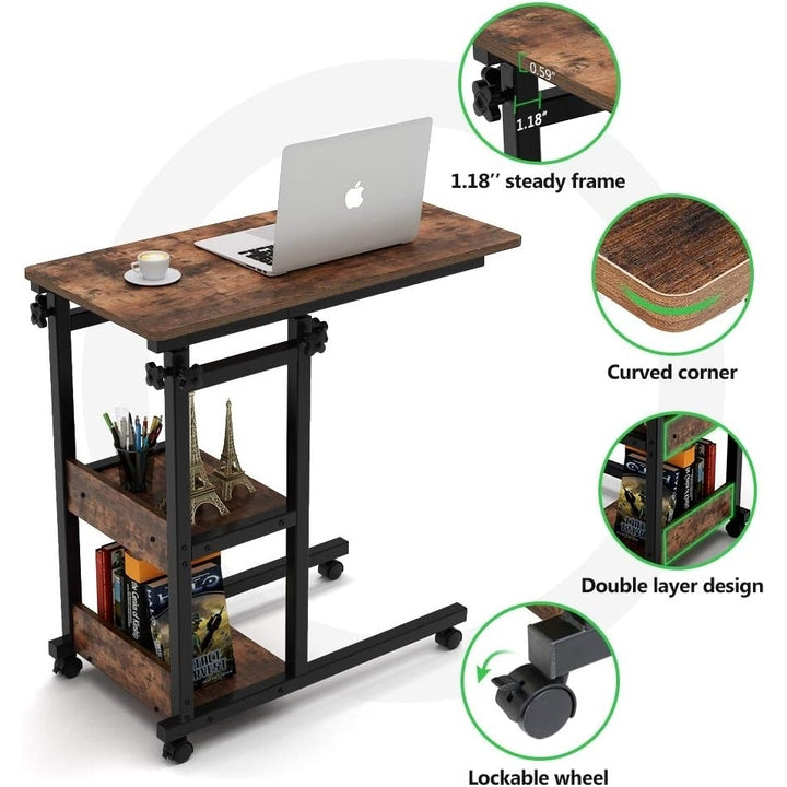 C Table with Storage Shelves and Wheels, Mobile Sofa Side Table End Table Snack Table Image 5