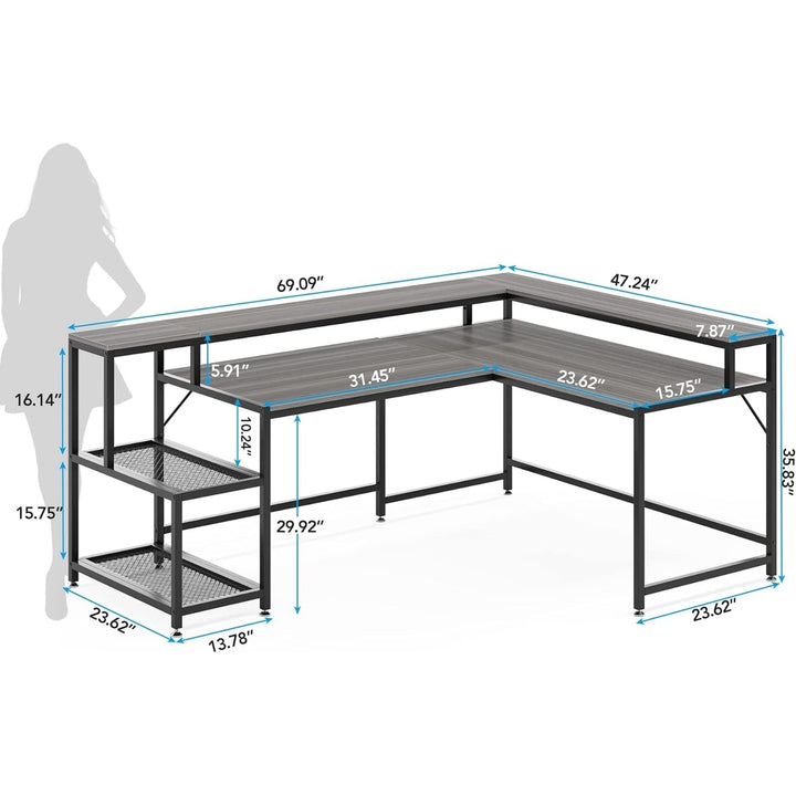 69" L Shaped Computer Desk with Monitor Stand, Large Reversible Corner Desk with Storage Shelf Image 6