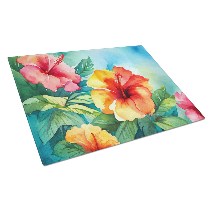 Hawaii Hawaiian Hibiscus in Watercolor Glass Cutting Board Large Image 1