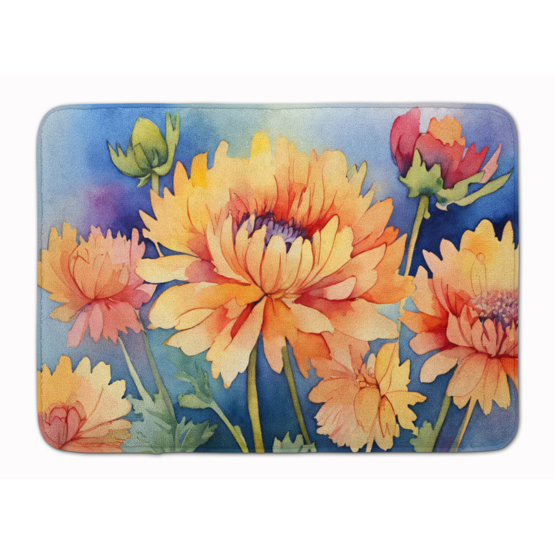 Chrysanthemums in Watercolor Memory Foam Kitchen Mat Image 1