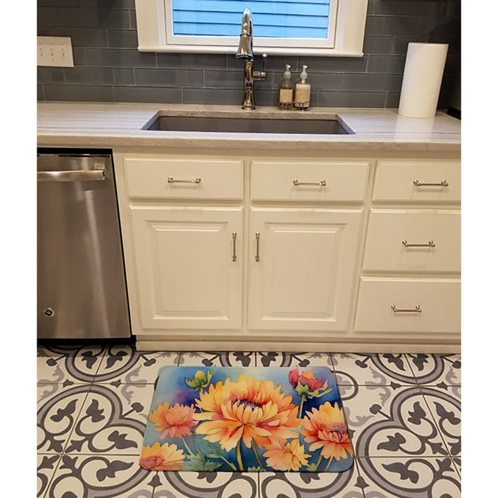 Chrysanthemums in Watercolor Memory Foam Kitchen Mat Image 2