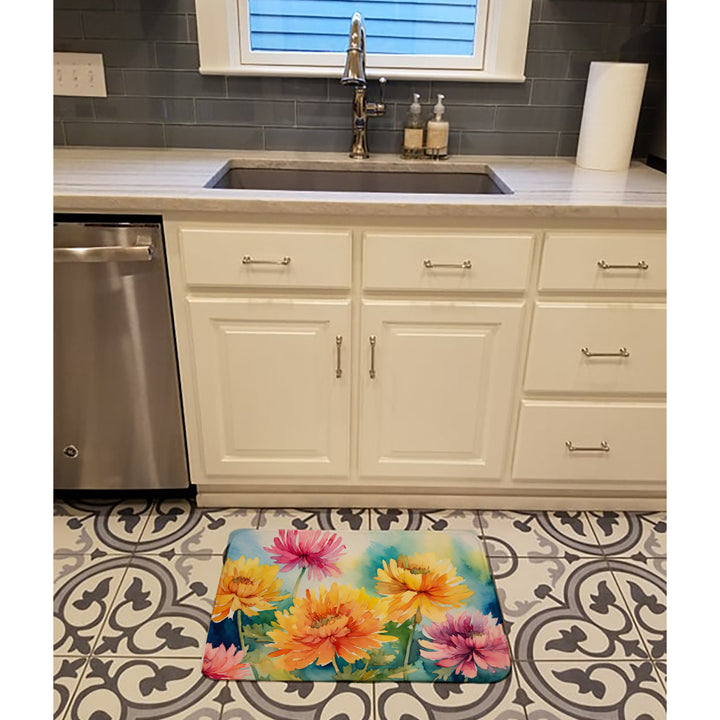 Chrysanthemums in Watercolor Memory Foam Kitchen Mat Image 2