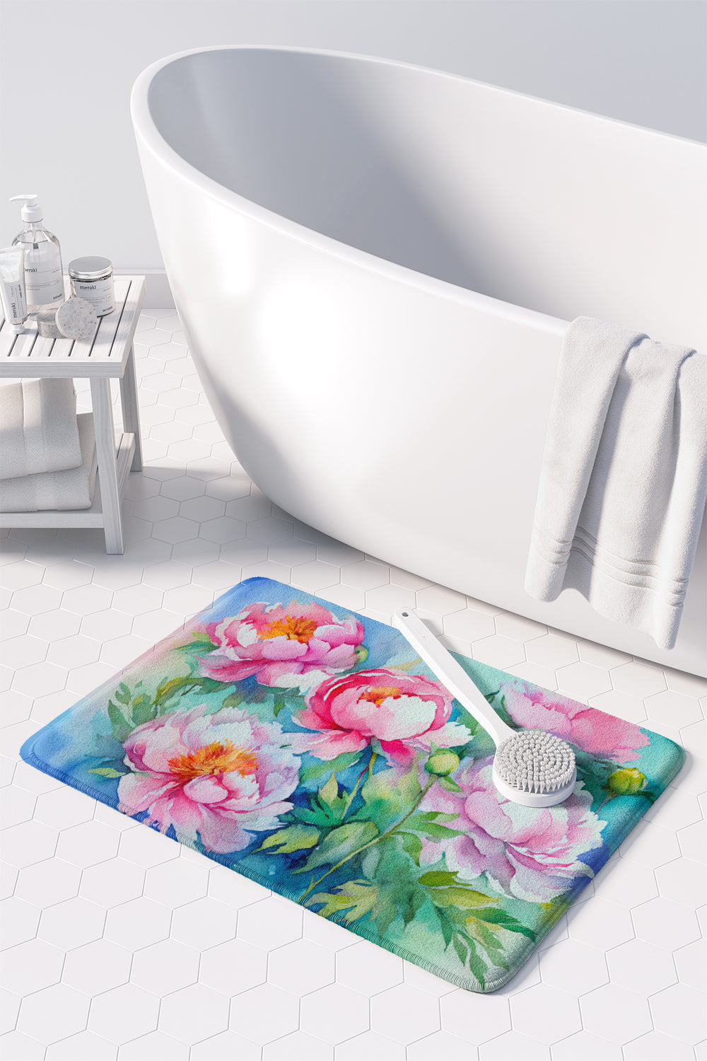 Peonies in Watercolor Memory Foam Kitchen Mat Image 3