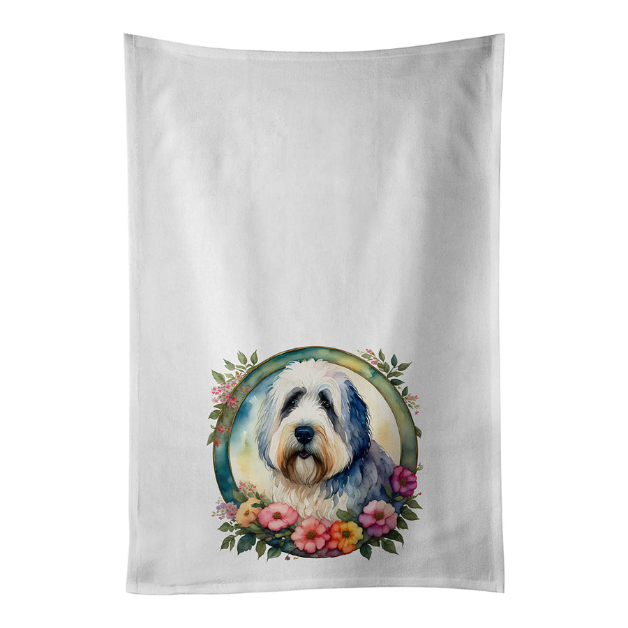 Old English Sheepdog and Flowers Kitchen Towel Set of 2 Image 1