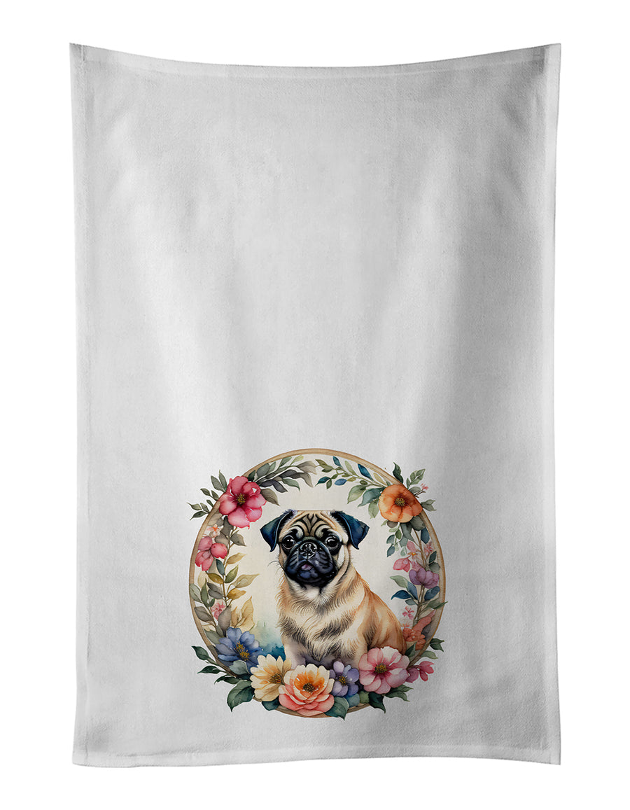 Fawn Pug and Flowers Kitchen Towel Set of 2 Image 1