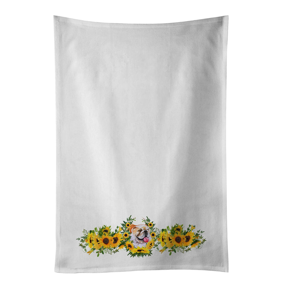 English Bulldog in Sunflowers White Kitchen Towel Set of 2 Dish Towels Image 1