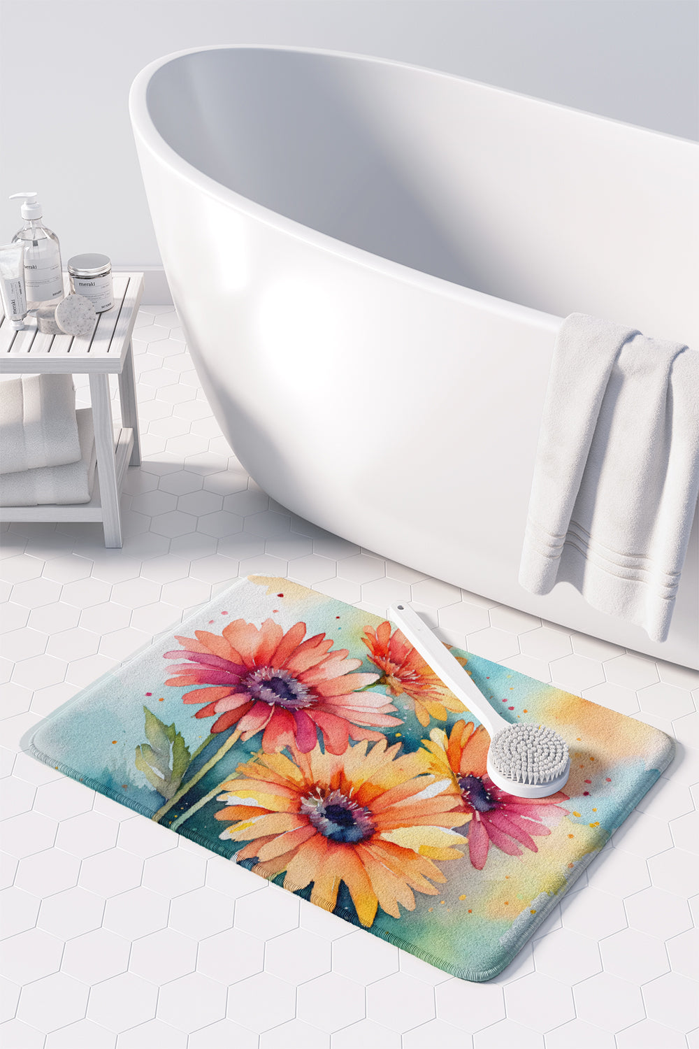 Gerbera Daisies in Watercolor Memory Foam Kitchen Mat DAC1572 Image 3