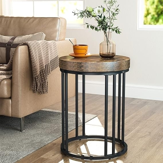 Round End Table, Modern Side Small Accent Nightstand with Metal Frame, Wooden Circle C Bedside Image 1