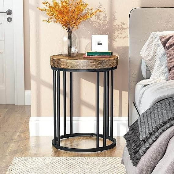 Round End Table, Modern Side Small Accent Nightstand with Metal Frame, Wooden Circle C Bedside Image 2