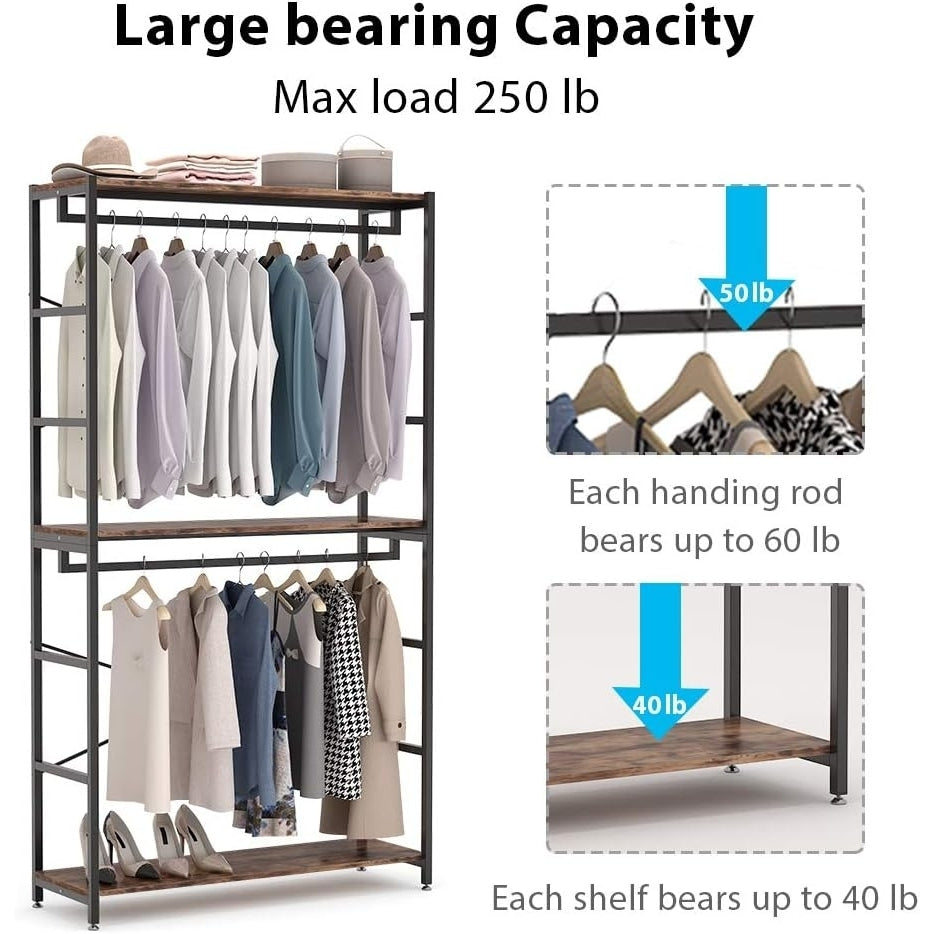 86" Double Rod Closet Organizer, Freestanding 3 Tiers Shelves Clothes Garment Racks, Large Heavy Duty Clothing Storage Image 4