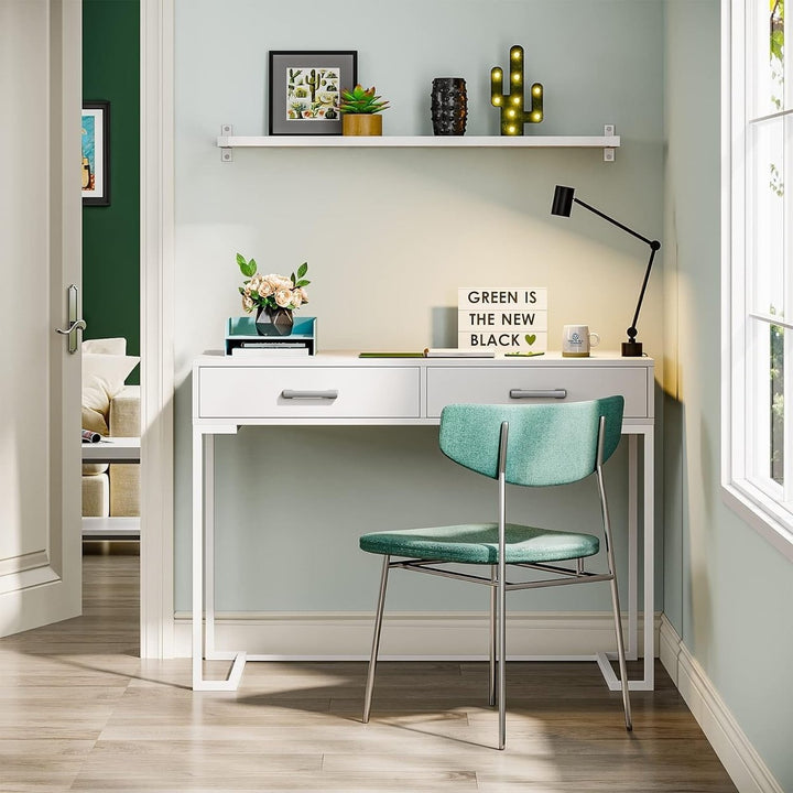 Vanity Desk with 2 Drawers, White and Gold Small Makeup Vanity, Modern Vanity Table Dressing Desk Image 1