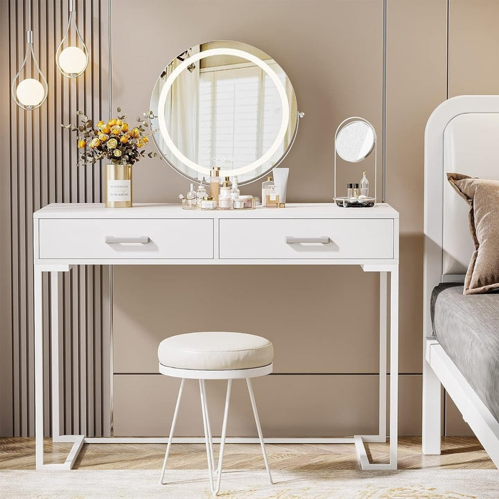 White Gold Vanity Desk with 2 Drawers Modern Makeup Dressing Table 41.7 inch Image 2