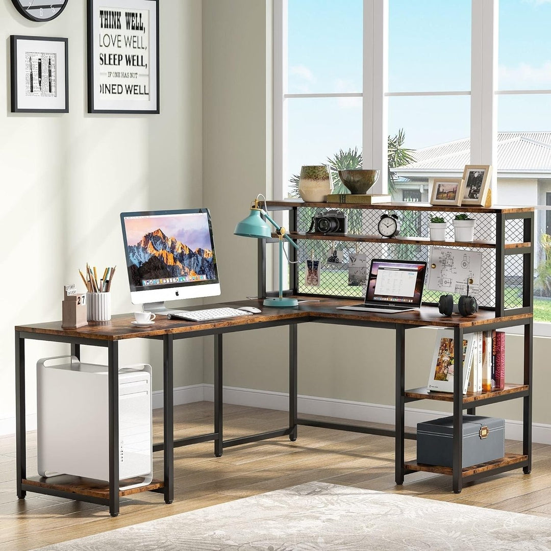 67" Large Computer Desk with Hutch Rustic Industrial Wood Black Metal Home Office Image 1