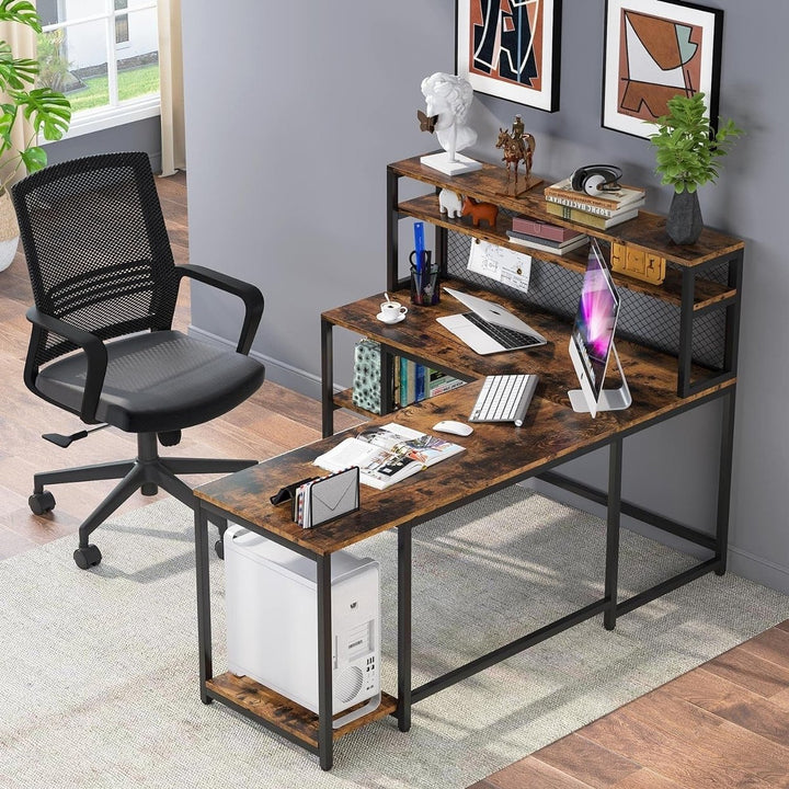 67" Large Computer Desk with Hutch Rustic Industrial Wood Black Metal Home Office Image 3