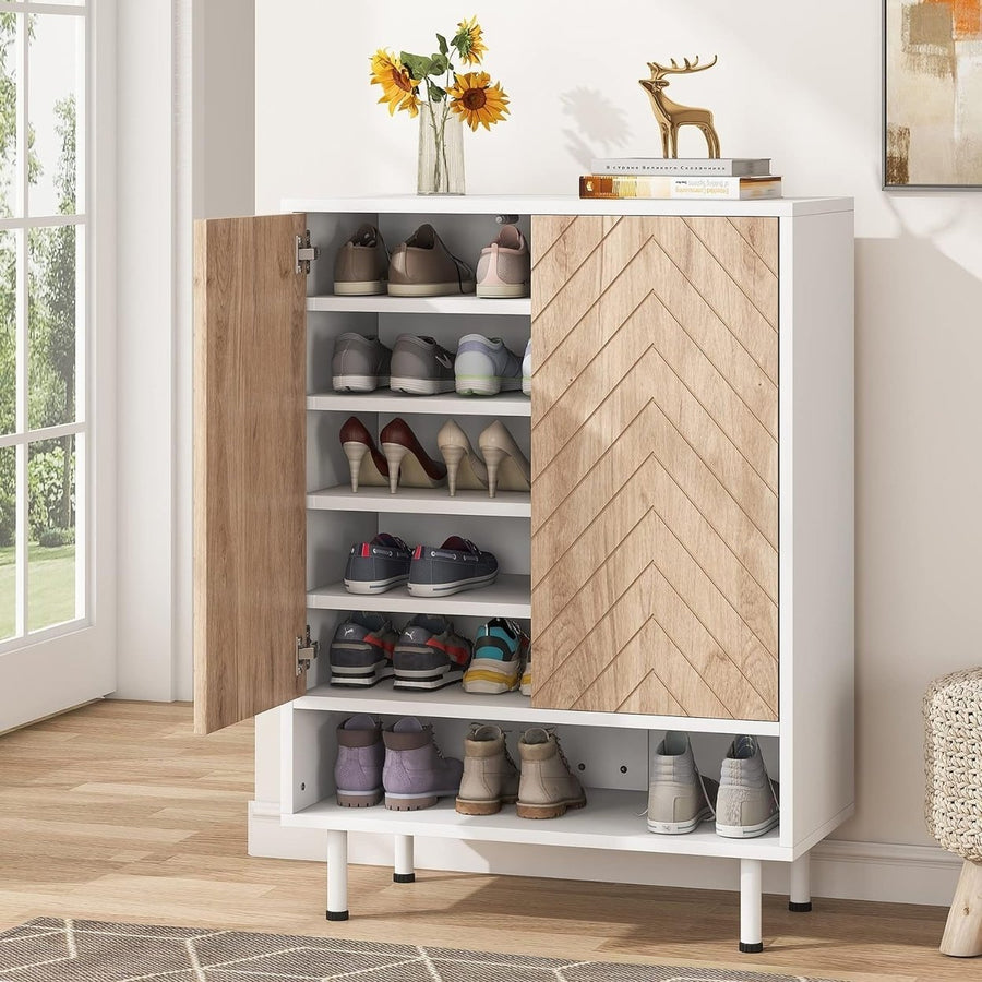 Shoe Cabinet Organizer 18 Pair 6-Tier Modern Storage White Wood Shelves Image 1