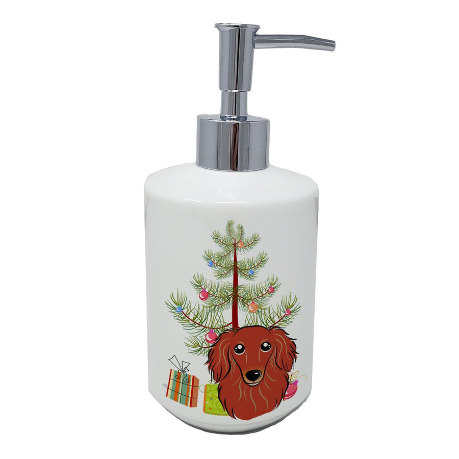 Christmas Tree and Longhair Red Dachshund Ceramic Soap Dispenser Image 1