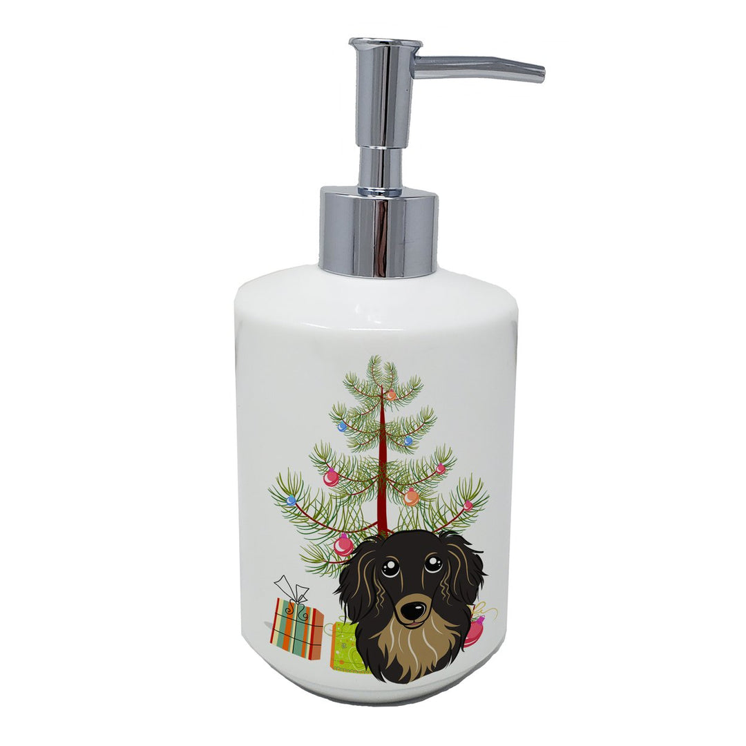 Christmas Tree and Longhair Black and Tan Dachshund Ceramic Soap Dispenser Image 1