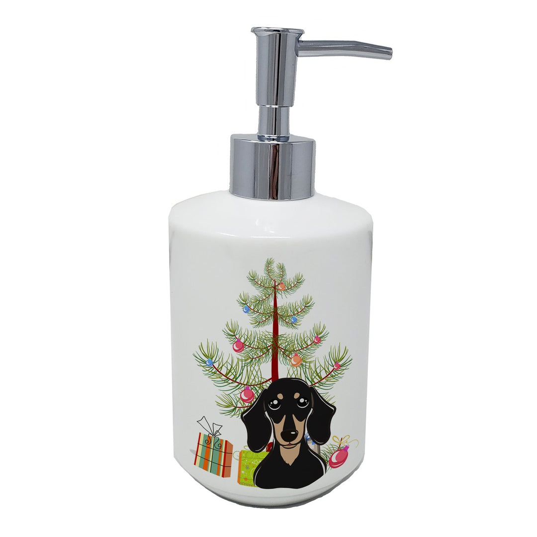 Christmas Tree and Smooth Black and Tan Dachshund Ceramic Soap Dispenser Image 1