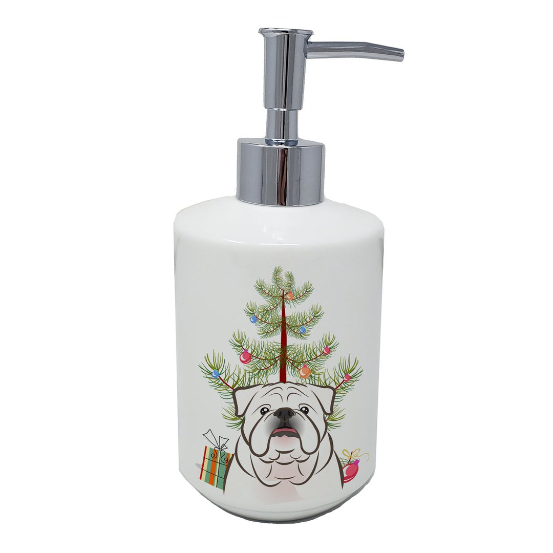 Christmas Tree and White English Bulldog Ceramic Soap Dispenser Image 1