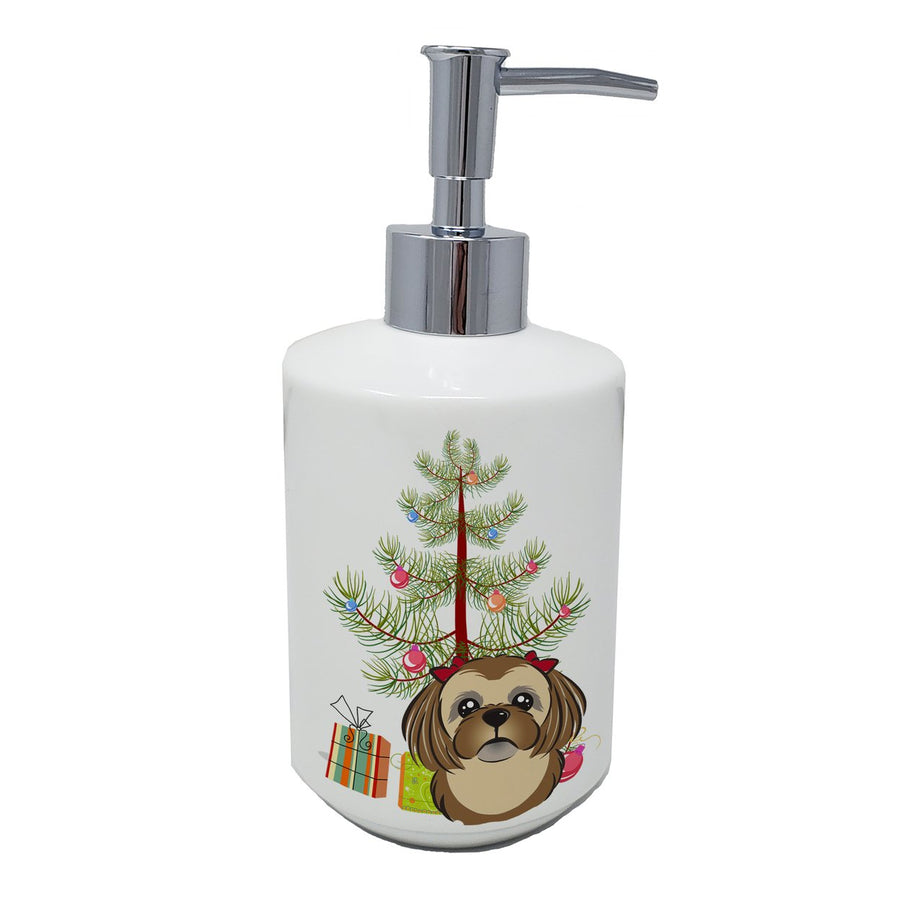 Christmas Tree and Chocolate Brown Shih Tzu Ceramic Soap Dispenser Image 1