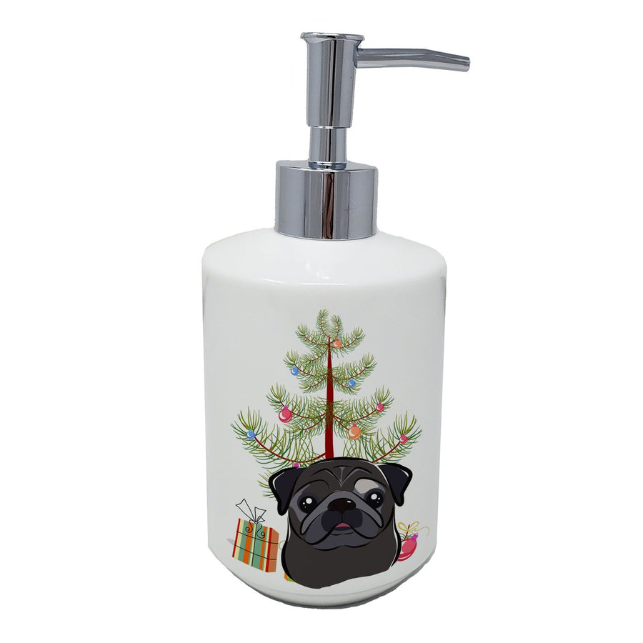 Christmas Tree and Black Pug Ceramic Soap Dispenser Image 1