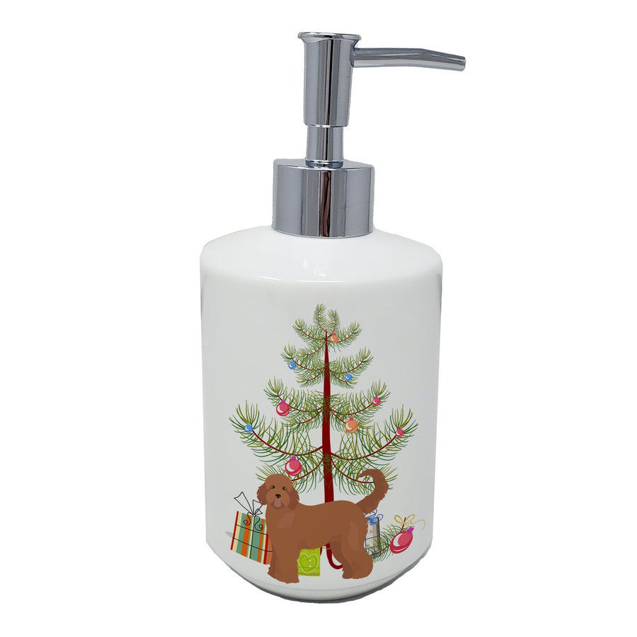 Tan Goldendoodle Christmas Tree Ceramic Soap Dispenser Image 1