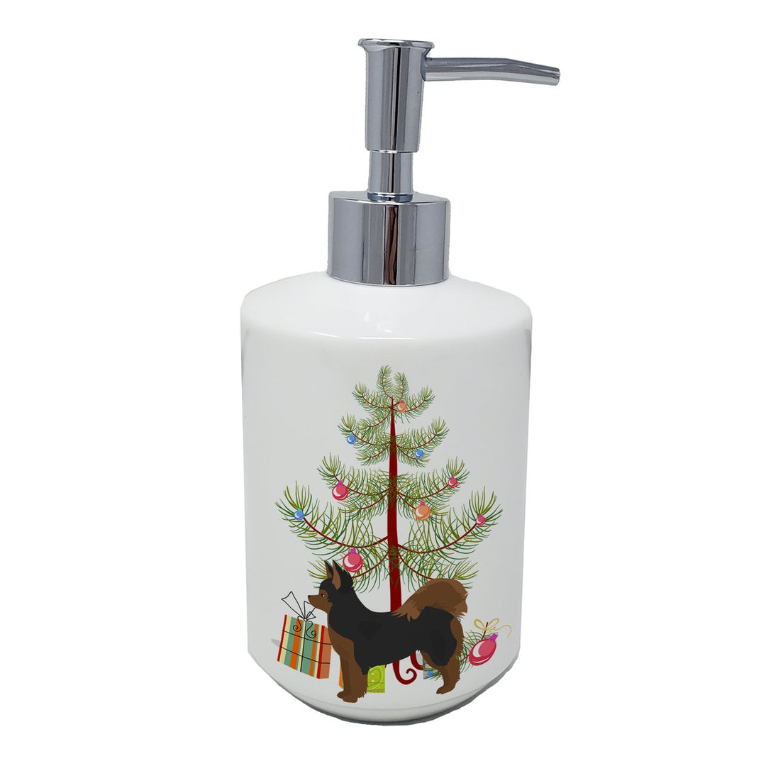 Black and Tan Pomchi Christmas Tree Ceramic Soap Dispenser Image 1