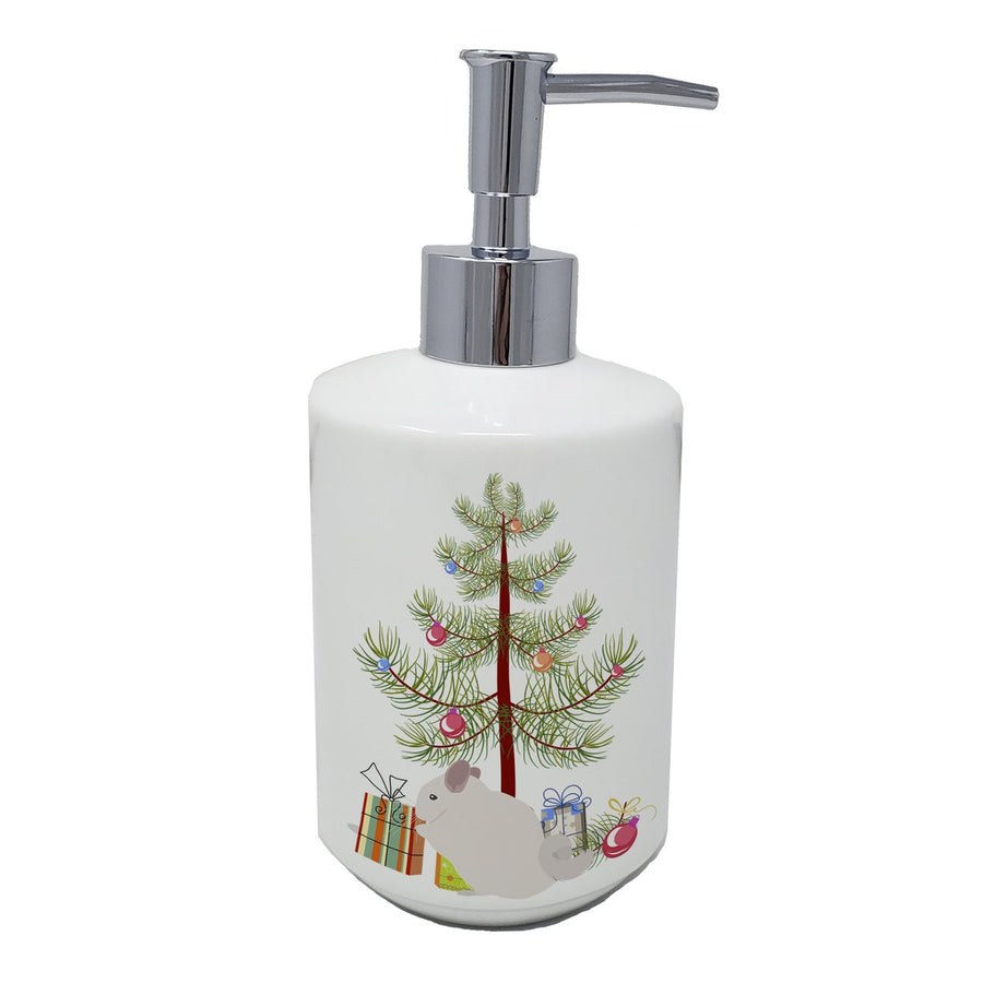 Pink and White Chinchilla Merry Christmas Ceramic Soap Dispenser Image 1