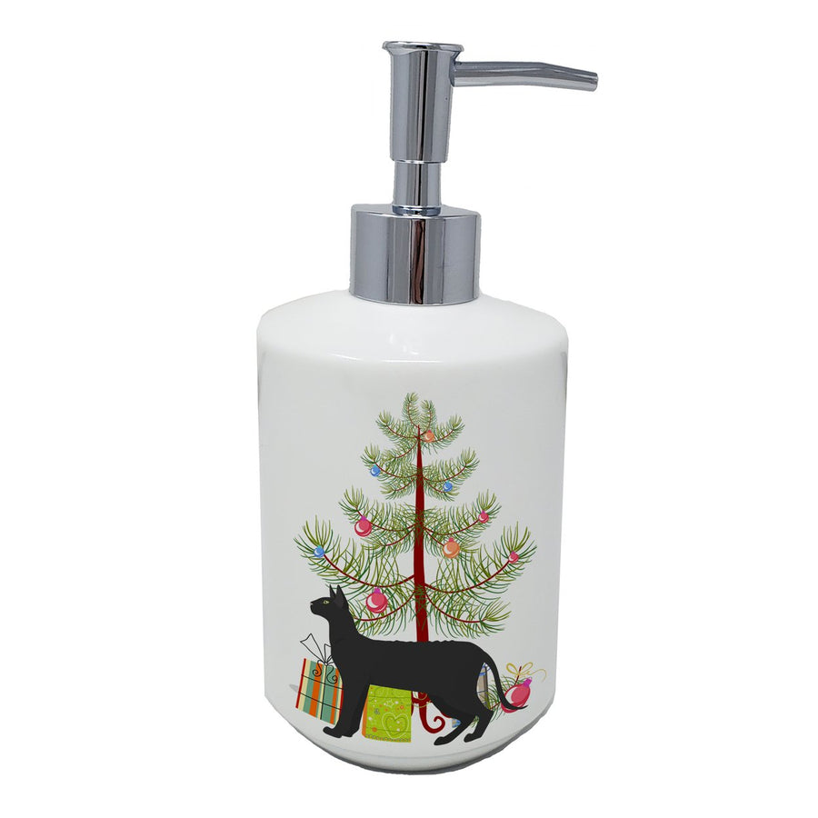 Black Cornish Rex Cat Merry Christmas Ceramic Soap Dispenser Image 1